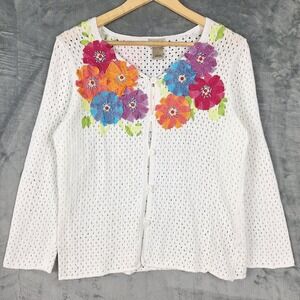 Womens Cardigan Medium Linen Knit Floral Artsy Eyelet Cottagecore Coastal Granny